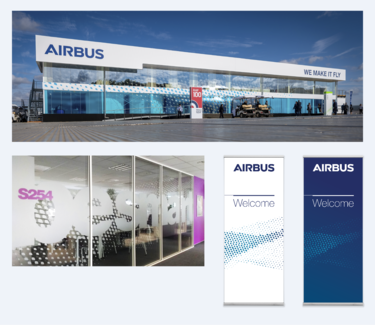 Carbon grid on glass facade, glass partition and Roll-ups