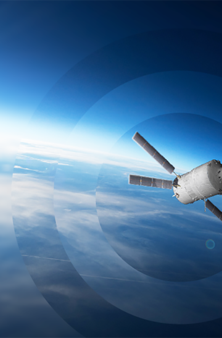 Satellite flying over planet