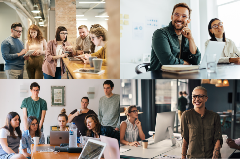 Four pictures showing people in offices