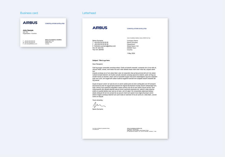 Airbus Constellations Satellites business card and letter examples